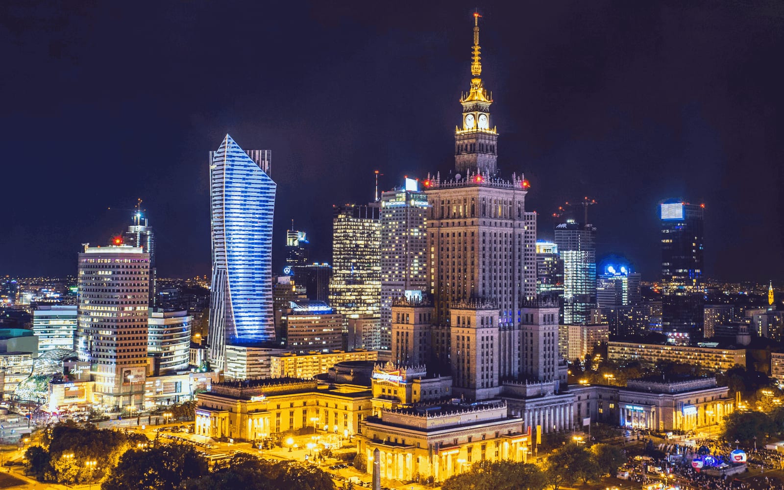 Warsaw city centre at night, the Palace of Culture lit up
